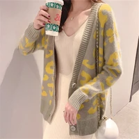 spring autumn sweater womens cardigan coat korean loose long sleeve knitted sweaters leopard print jacket outerwear