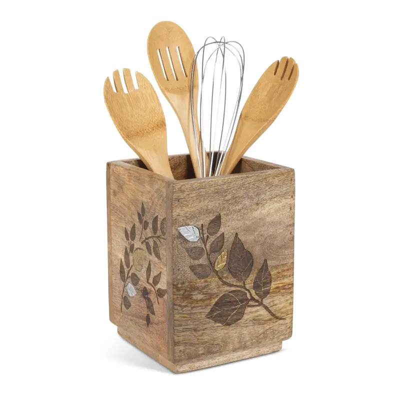 

Mango Wood with Laser and Metal Inlay Leaf Design Utensil Holder.
