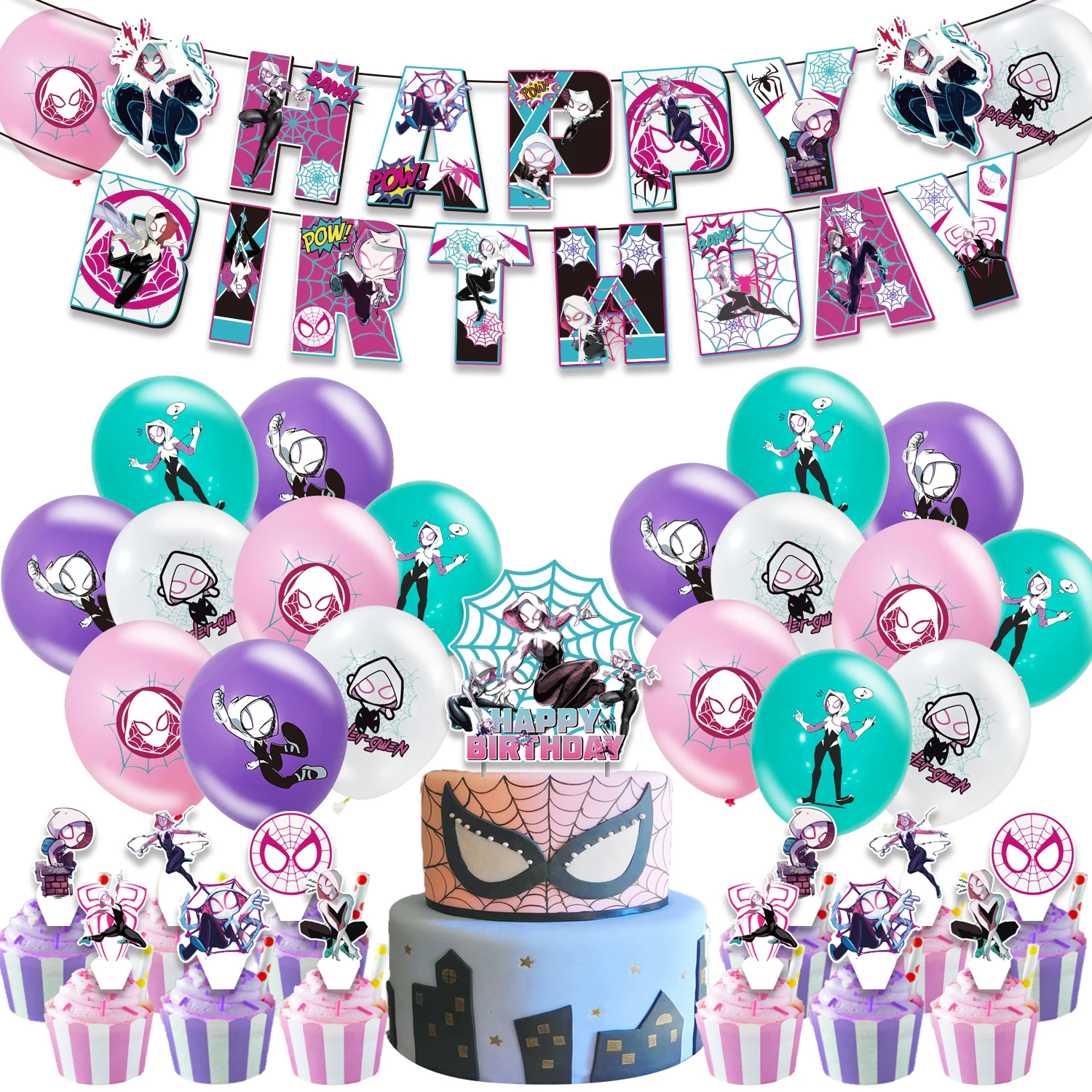 

Cartoon Spider Gwen Theme Birthday Party Decorations For Girls Paper Banner Balloons Cupcake Topper Birthday Party Supplies