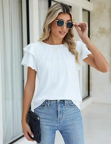 Блузка женская однотонная с коротким рукавом Повседневная пляжная тонкая