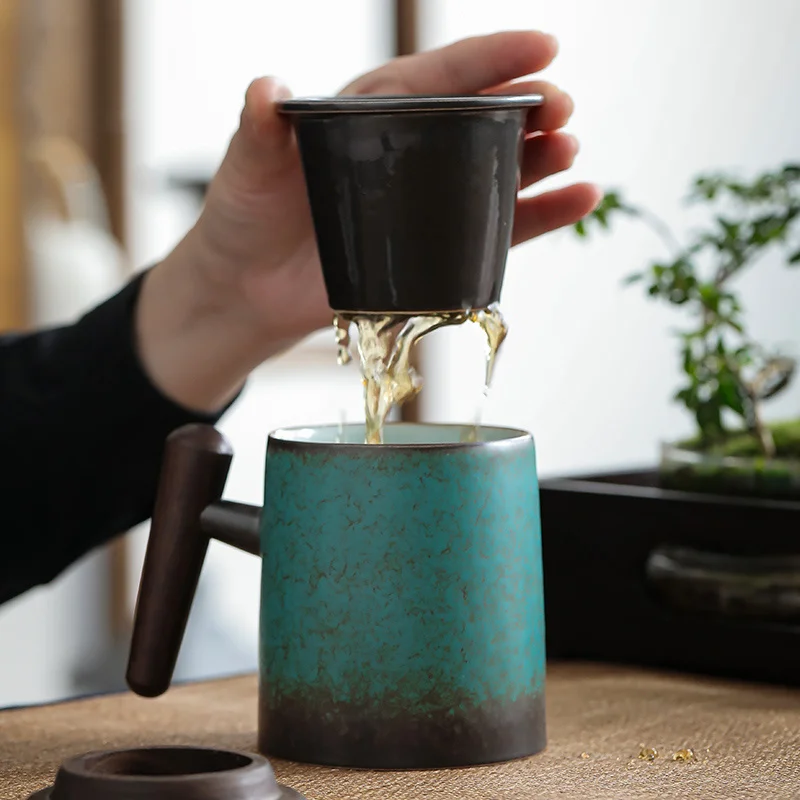 

Ceramic Retro Mug Bubble Cup with Cover Japanese Tea Water Original Mugs Coffee Cups Espresso Kiln Baked Wood Handle Gift