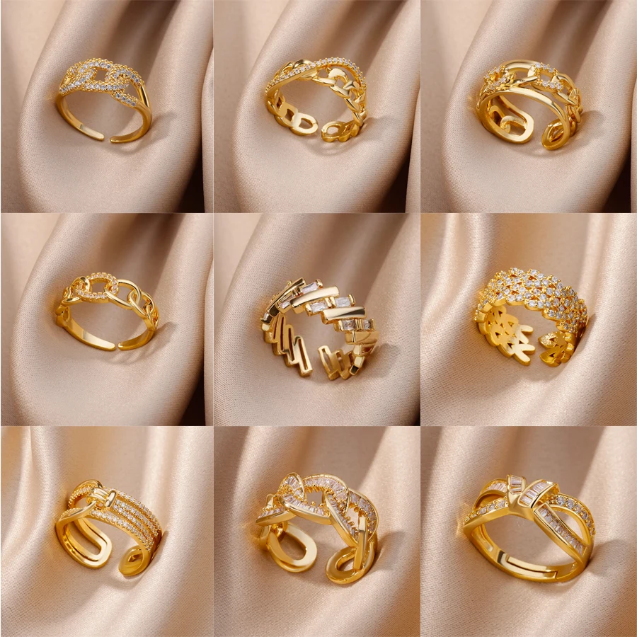 

Luxury Cubic Zirconia Open Rings For Women Stainless Steel Gold Color Punk Finger Ring Aesthetic Jewelry Gift bijoux femme