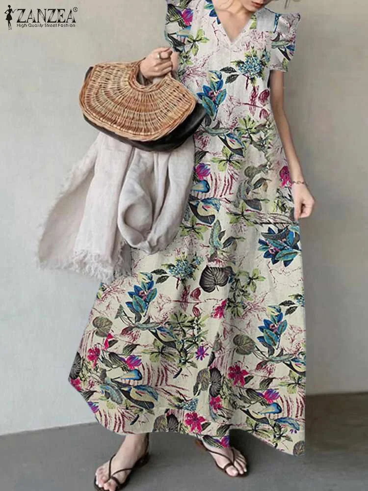 

ZANZEA летнее платье с цветочным принтом Vestidos, хлопковое Свободное платье с v-образным вырезом, женское богемное платье большого размера, 2022, об...
