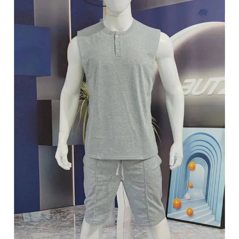 2023 Men's Set Round Neck Sleeveless Casual Top+Sports Drawstring Elastic Waist Fitness Shorts Boutique Two Piece Set