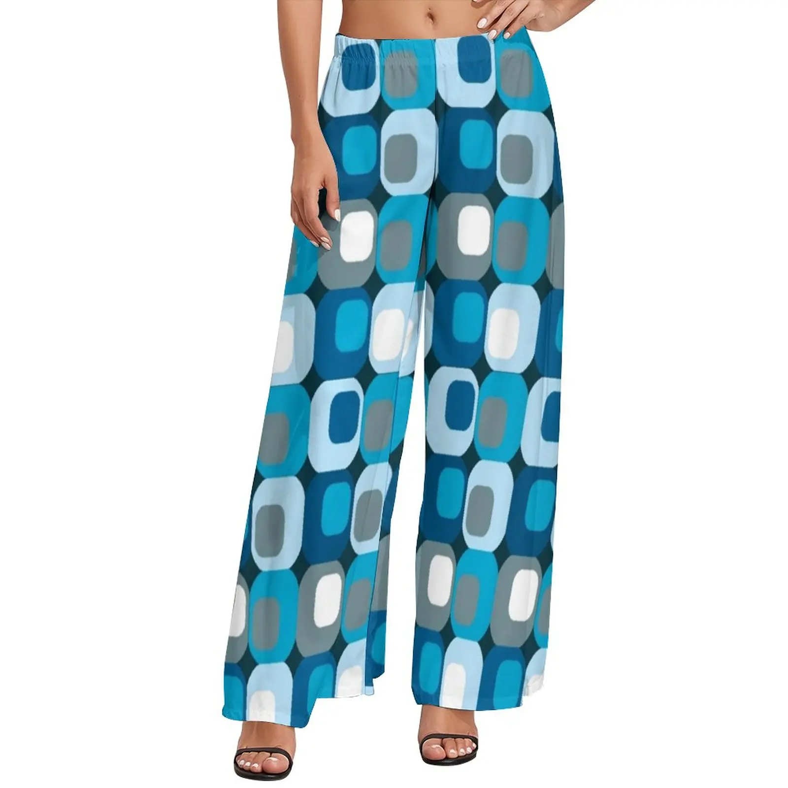 

Shades of Retro Mod Straight Pants Blue Abstract Sexy Wide Leg Pants Ladies Oversized Aesthetic Printed Trousers