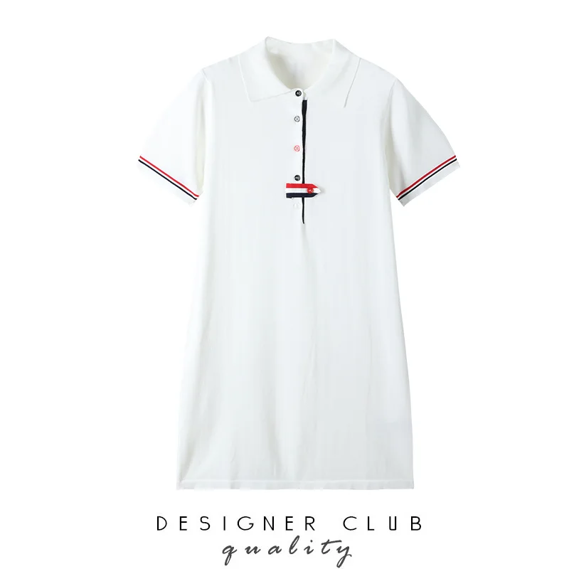 French dress female summer Polo lapel short-sleeved white ice silk knitted package hips slim tb midi skirt