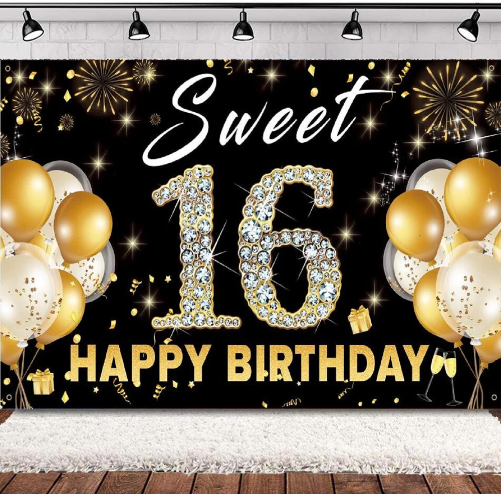 

Photography Backdrop Sweet Sixteen Photo Booth Props Black Gold Happy 16th Birthday Party Background Decoration For Girls Banner