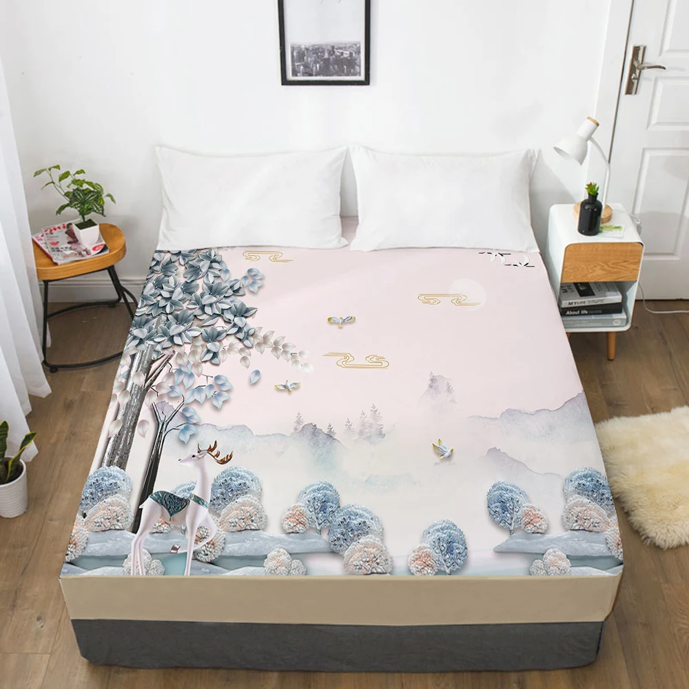 

1pc Elastic fitted sheet bed sheet With An Elastic Band Mattress Cover 160x200 Customizable size Bed cover Bedding scenery pink