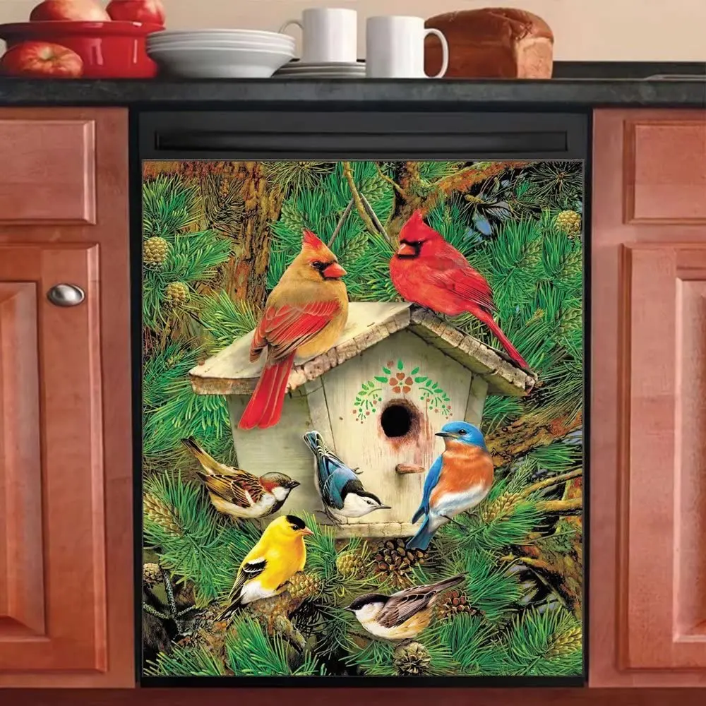 

Spring Birds Dishwasher Magentic Cover, Pine Decorate Self Adhesive Magnet Refrigerator Decal, Home Appliances Decorative Sticke