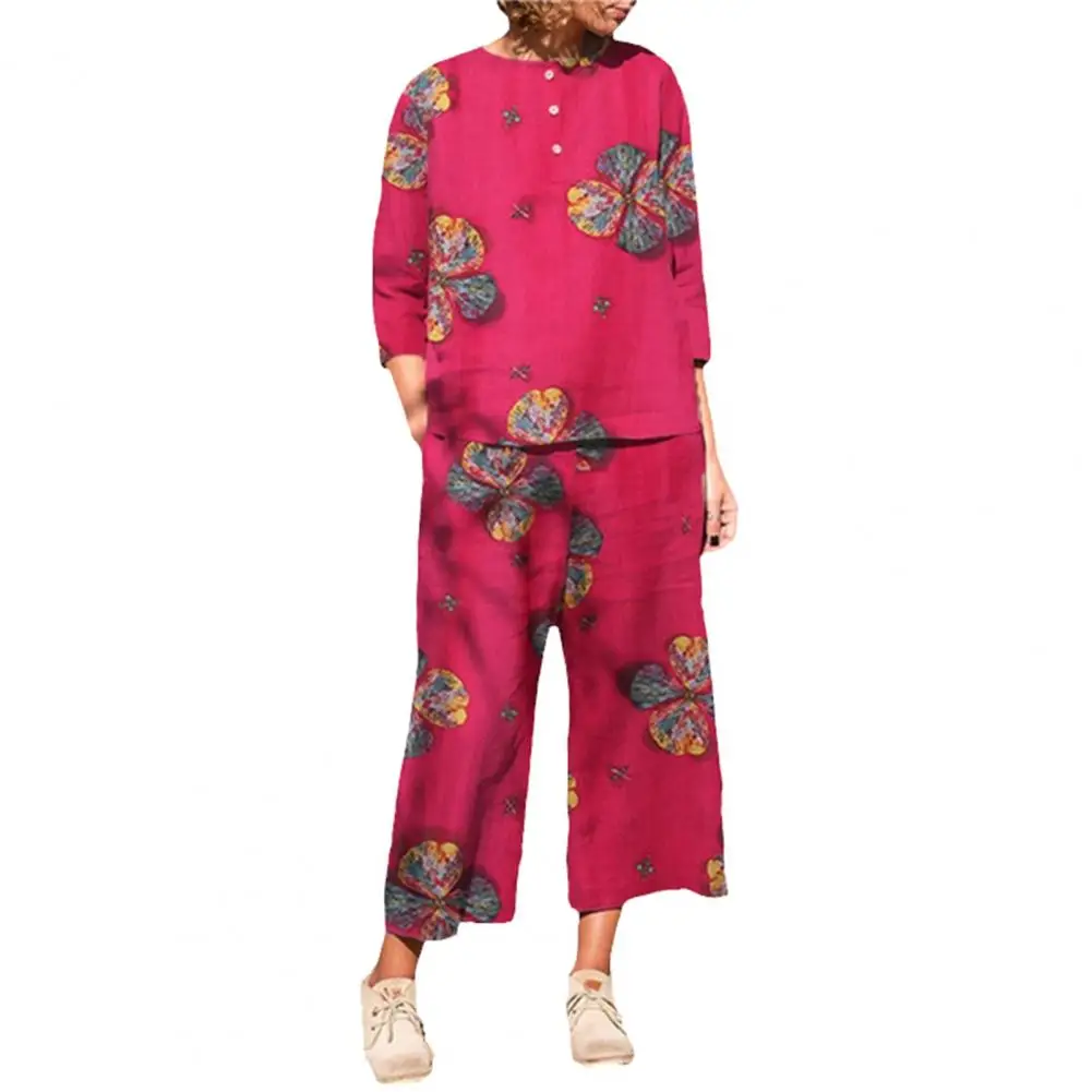 

Three Quarter Sleeves Comfortable O Neck Floral Print Summer T-shirt Trousers Set Female Clothes