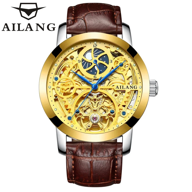 AILANG Men Fashion Business Mechanical Watch Luxury Gold Dial Tourbillon Skeleton Waterproof Watch Men's Watch Relogio Masculino