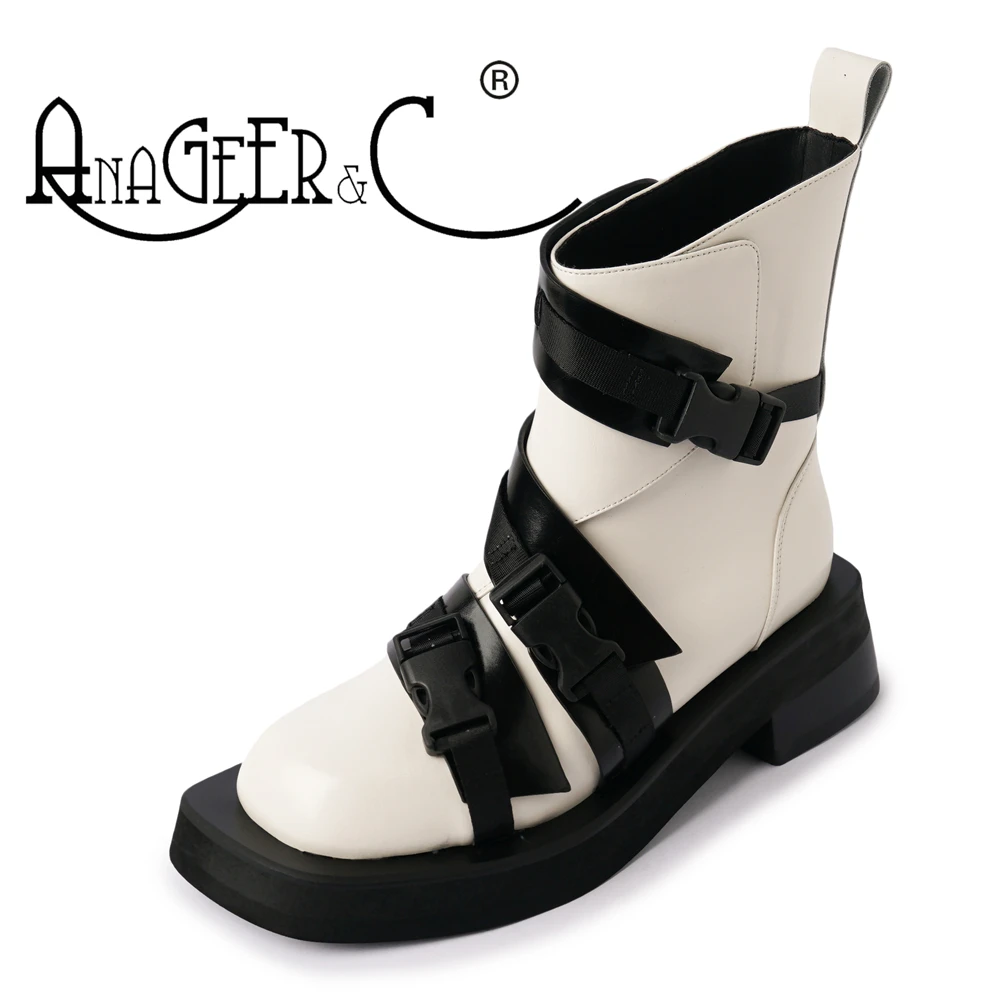 

Женские кожаные ботинки на толстой подошве ANAGEER & C, модные повседневные короткие ботинки мартинсы с квадратным носком и пряжкой, с цветным б...