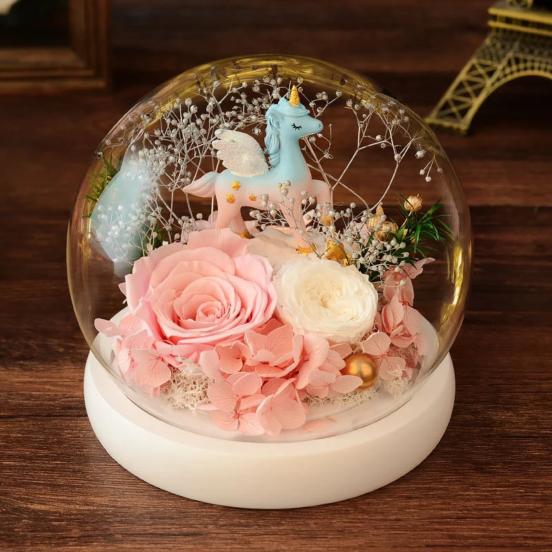 

Tanabata Valentine's Day Creative Immortal Real Flower Rose Unicorn Glass Cover To Send Girlfriend Birthday Gift Dried Flowers