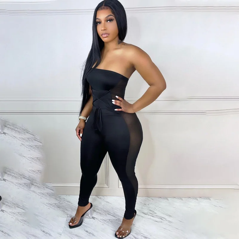 

WUHE Women Mesh Side Patchwork Lace Up High Waist Jumpsuit Sleeveless Strapless Bodycon Stretchy 2022 Summer Overalls Playsuit