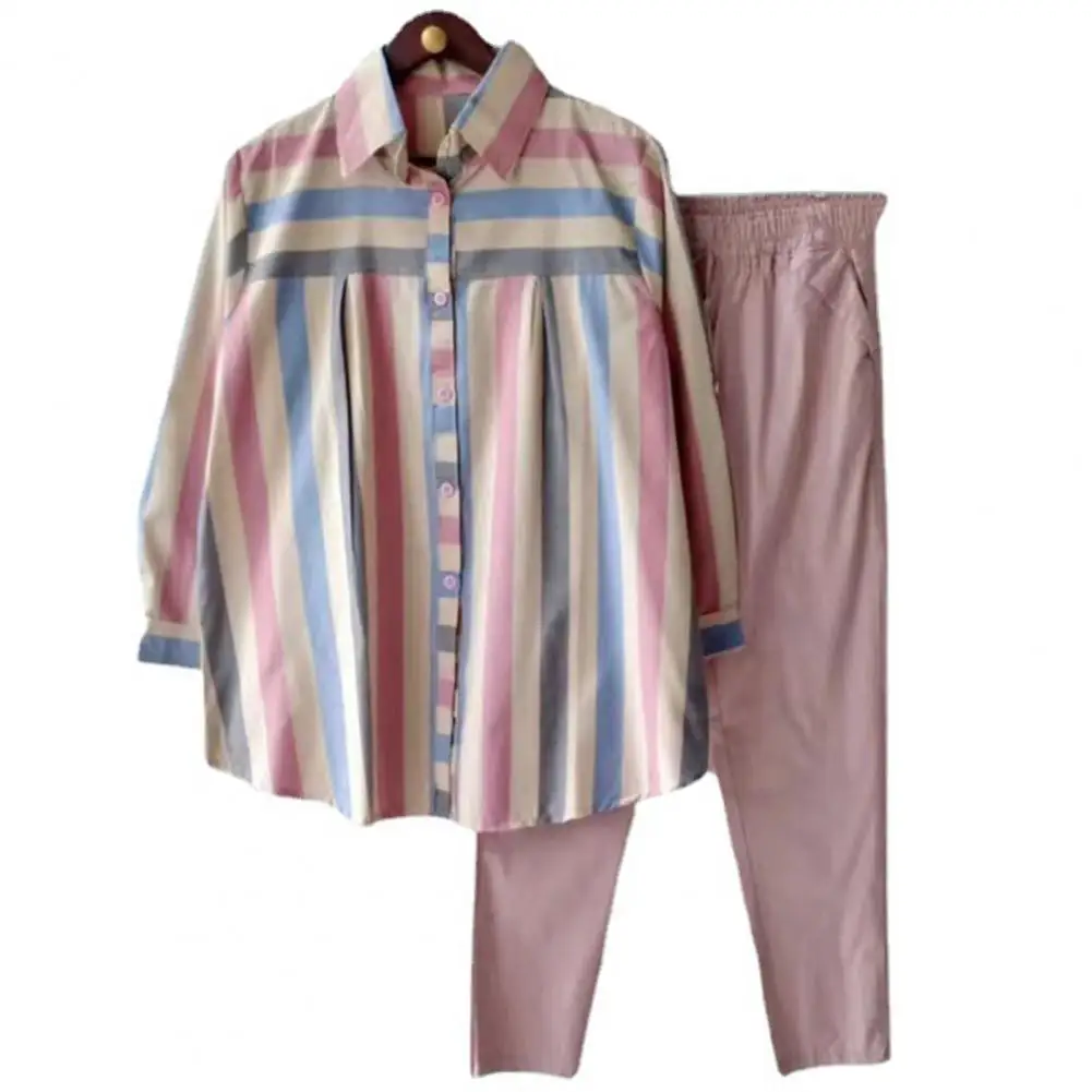 

2Pcs/Set Top Pants Set Lapel Long Sleeve Single Breasted Mid-rise Casual Outfit Striped Print Shirt Solid Color Pants Set