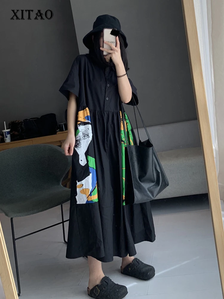 

XITAO Print Pleated Dress Women Korea 2022 Summer New Personality Fashion Loose Turn-down Collar Short Sleeve Dress WLD7403