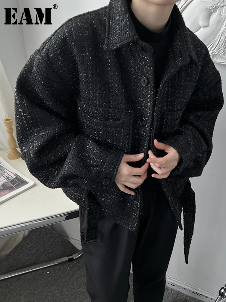 

[EAM] Loose Fit Black Big Size Tweed Thick Warm Woolen Coat Parkas New Long Sleeve Women Fashion Tide Autumn Winter 2022 1DF2444