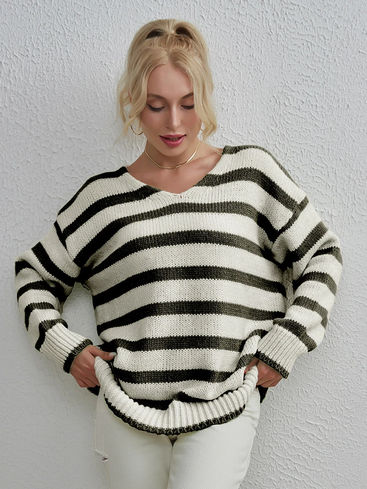 

Fashion Women's Sweater Loose Pollovers KnitWears Alternating Horizontal Stripe V-neck Long Sleeve Korean Casual Women's Sweater