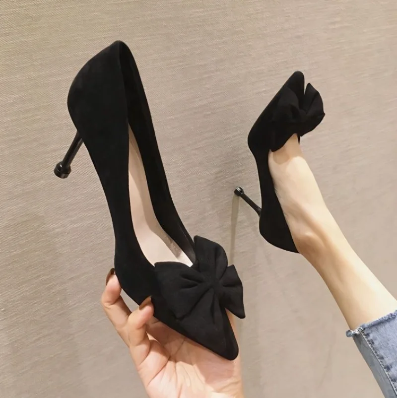 

Shoes for Women 2023 Super High Heel Ladies Summer Footwear Black Office Stilito Pointed Toe with Bow Genuine Mark Slip on Shoe