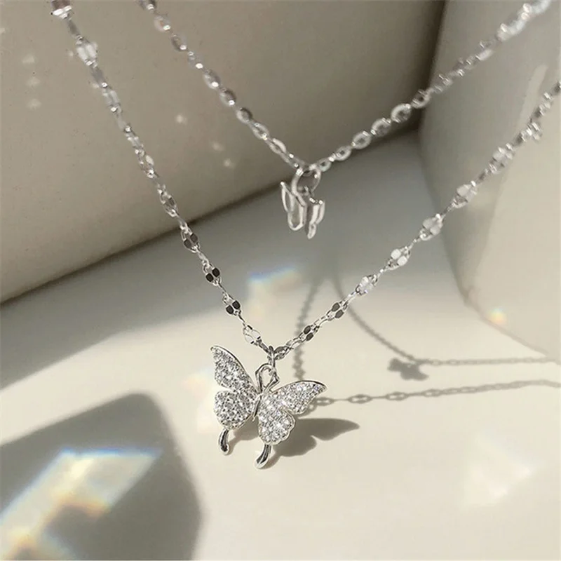 Богемное ожерелье для женщин с бабочкой блестящая Двойная Цепочка Женский