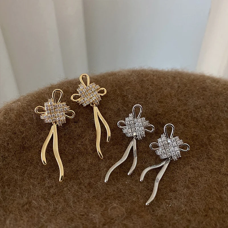 

Minar 2022 New Year Bling CZ Zircon Chinese Knot Long Tassel Earring Gold Silver Color Alloy Knotted Drop Earrings for Women