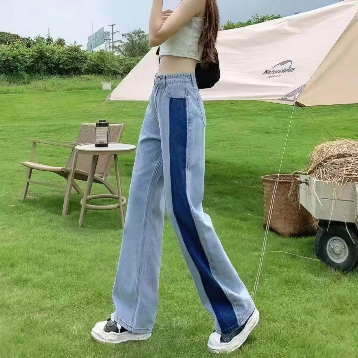

Baggy Jeans Women, Mopping Pants, Y2k, A-line Fit, Contrasting Stripes, High Waist, Non Strech , Retro Korean Style