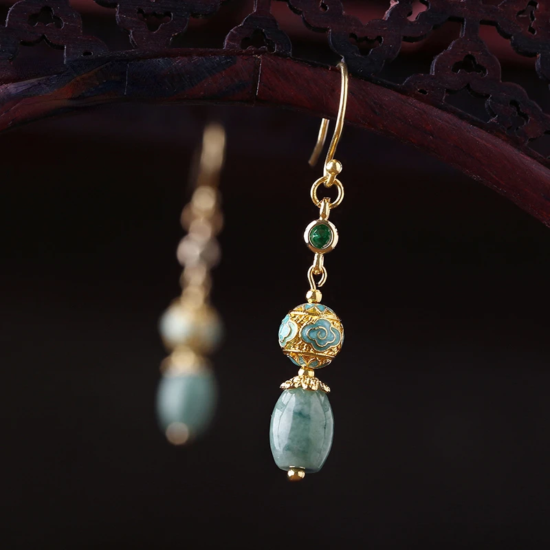 

Light luxury high-end ancient scenery Thai blue Hanfu earrings cheongsam temperament earrings jade retro earrings