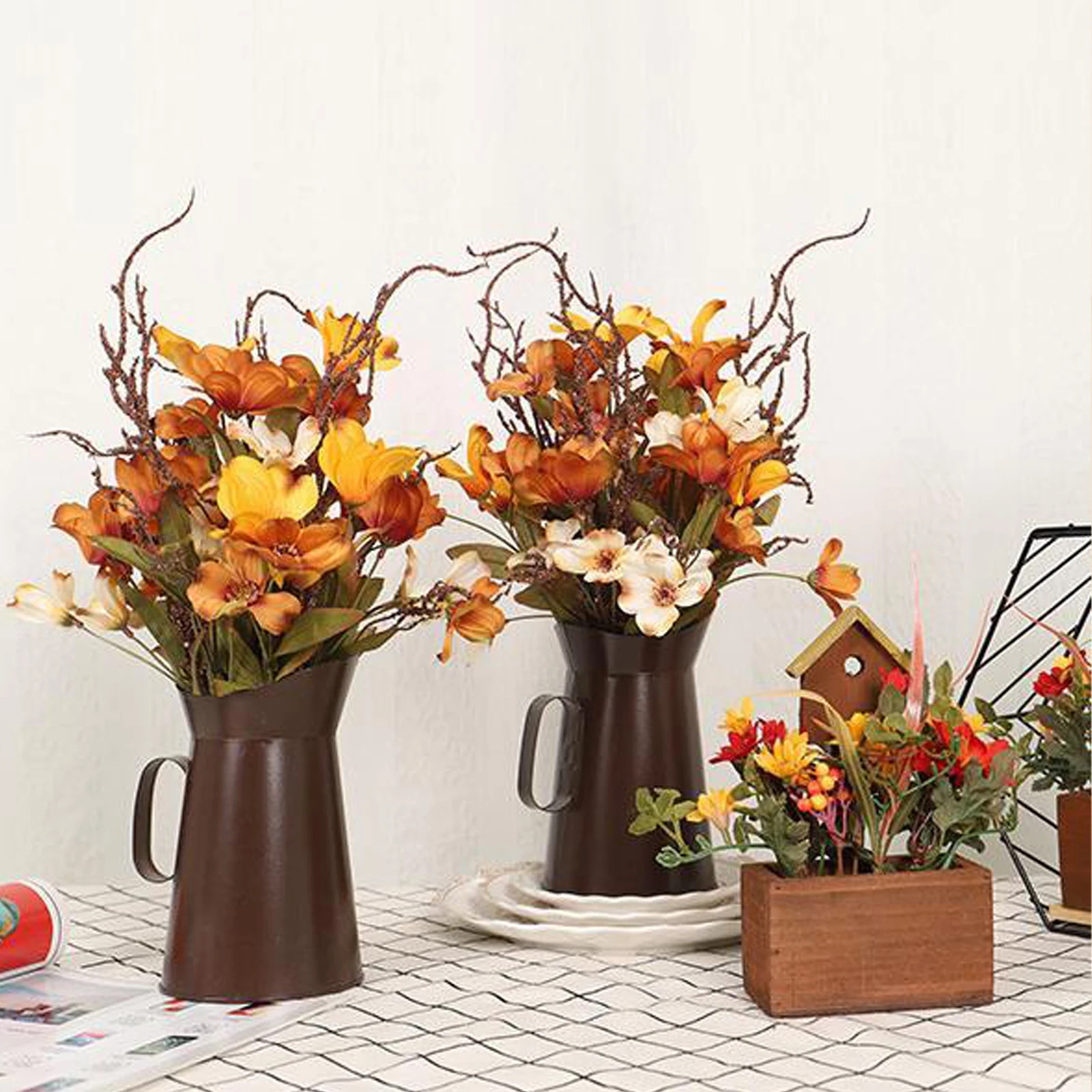 

Artificial Flowers Bouquet with Metal Pot Festival Table Ornaments Photo Props Fake Plant Flower DIY Thanksgiving Party Decor