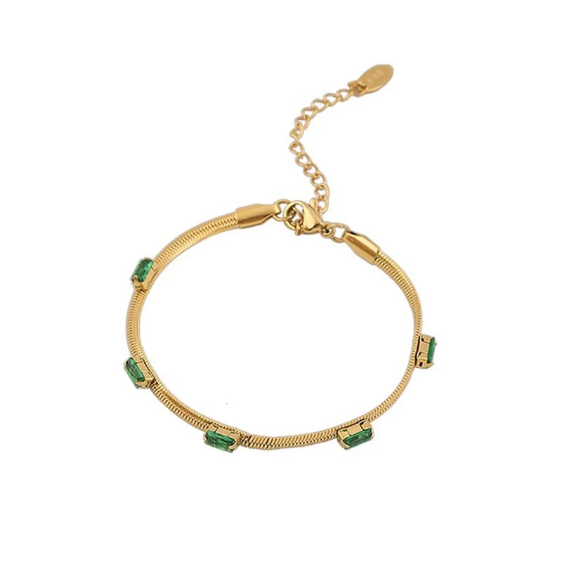 Женский браслет Foxanry с зелеными фианитами золотистого цвета