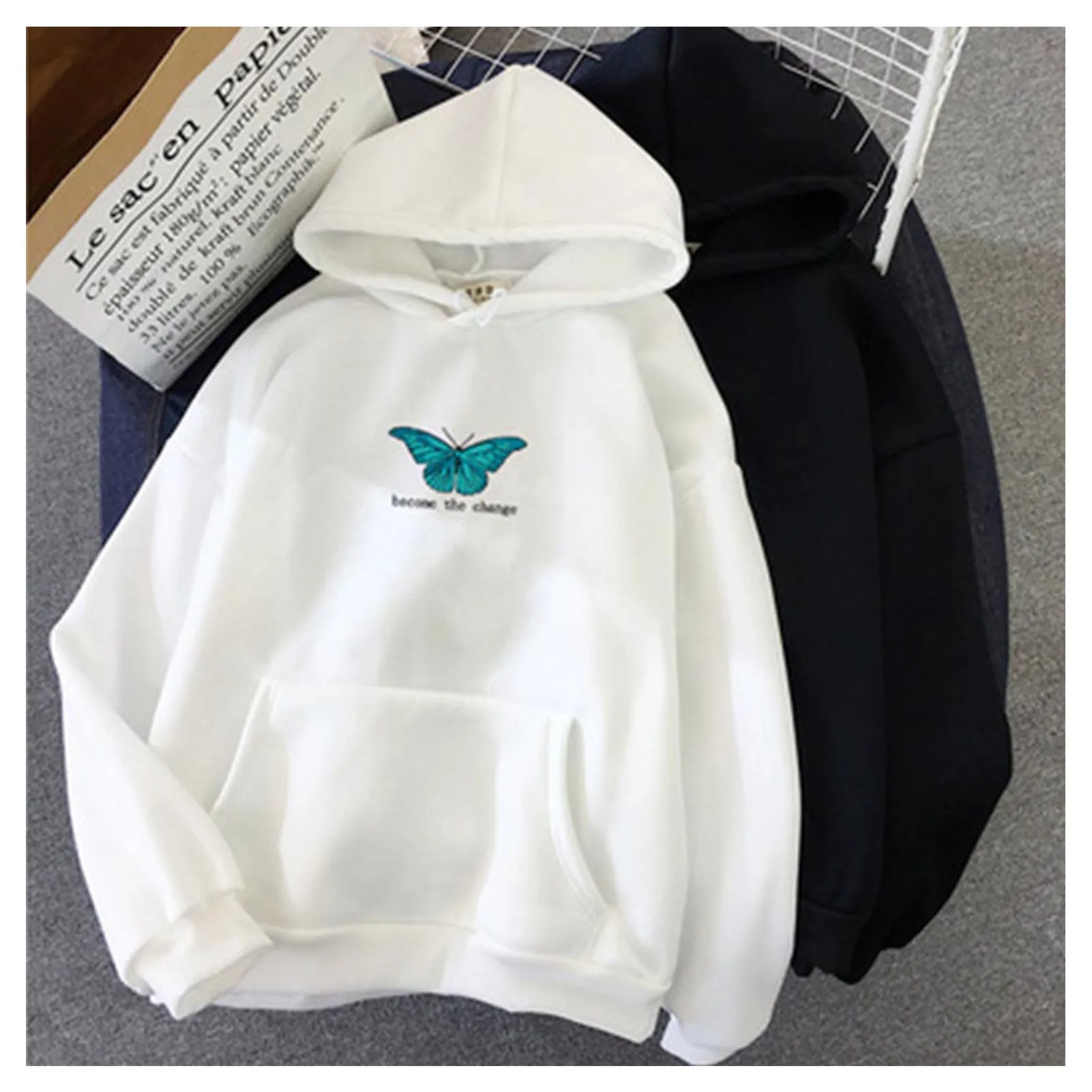 

New Unisex Butterfly Printed Hoodie Fashion Winter Sweatshirt with Front Pocket Outwear Tops Drawstring Hood Plush Lined