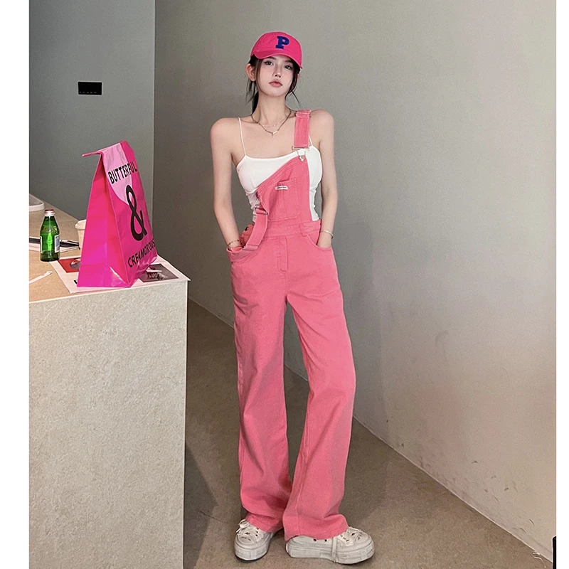 Vintage Cotton Elegant Pink Denim Jumpsuit Women Sleeveless Fashion Hipster Casual High Street Wide Leg Overalls Outfits Romper