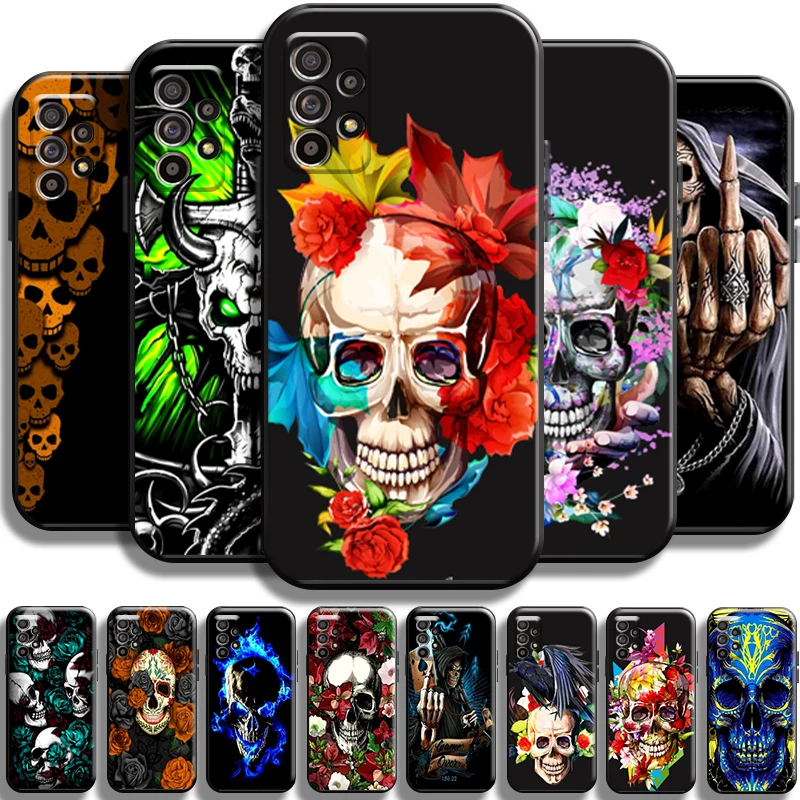 

Death Skull Flower Phone Case For Samsung Galaxy A52 4G A52 5G Back Carcasa Black Funda Full Protection Shell Cover Soft
