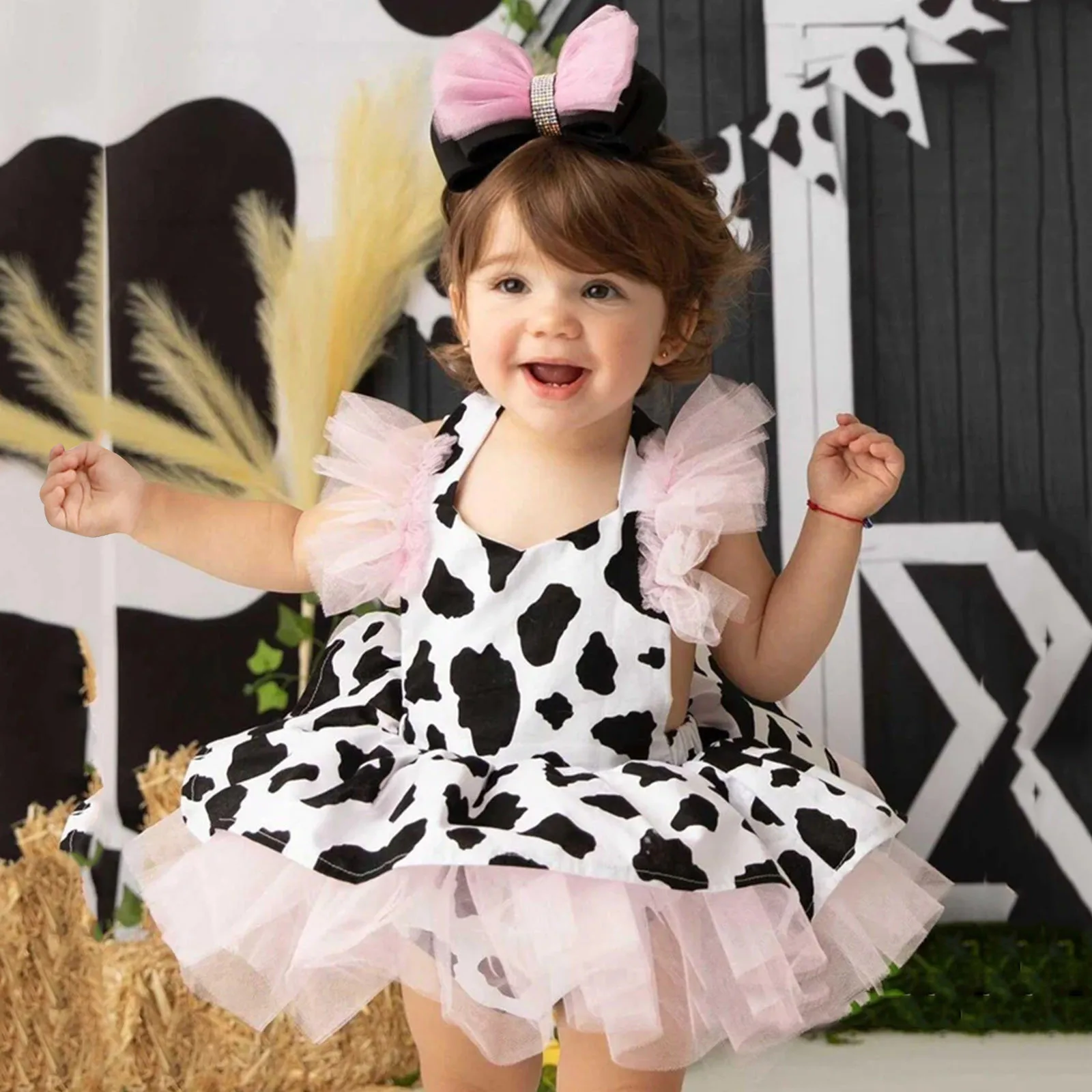0-4Y Toddler Baby Girls Romper Dress Infant Cow Print Tulle Clothes Newborn Sleeveless Tutu Dresses Party Performance Outfits