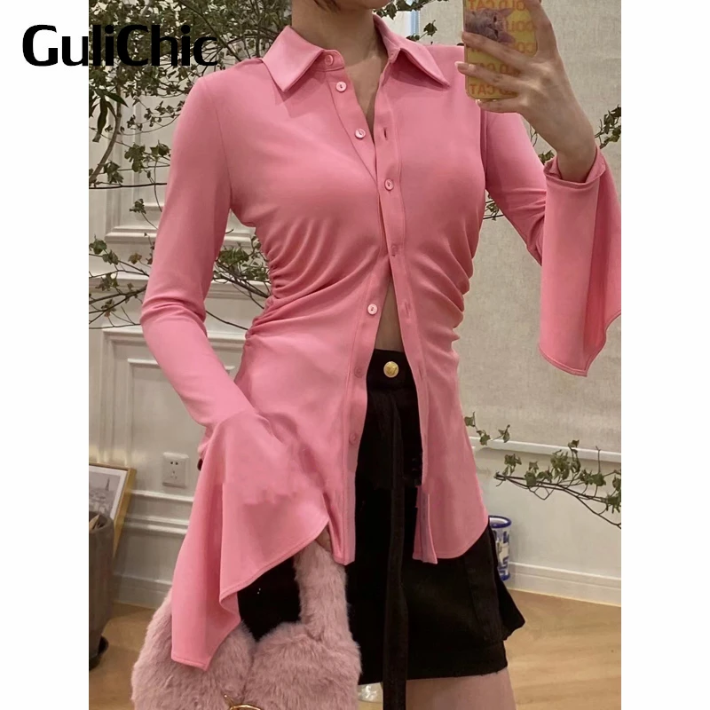 9.27 GuliChic Women Pink / Black Temperament Solid Color Single Breasted Flared Sleeve Ruched Slim Collect Waist Shirt