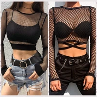 sexy summer mesh crop top women mesh t shirt long sleeve slim ladies see through mesh tops new goth casual tshirts beach net top