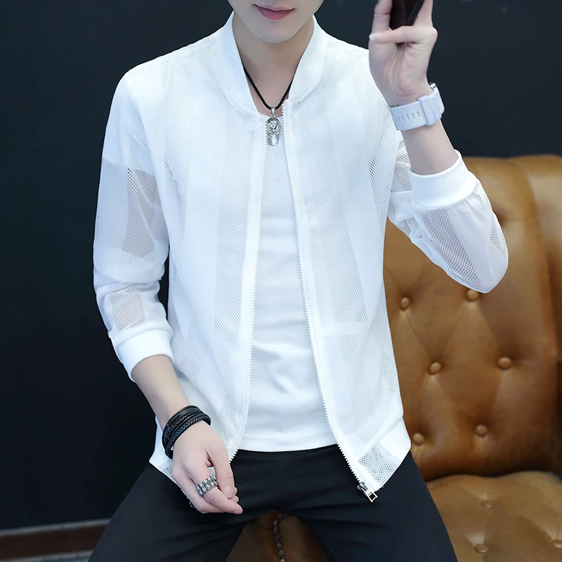 

Summer Thin Jackets Men Breathable Slim Fit Bomber Jacket Sun Protection Clothing Stand Collar Hollow Streetwear Outwear Coats