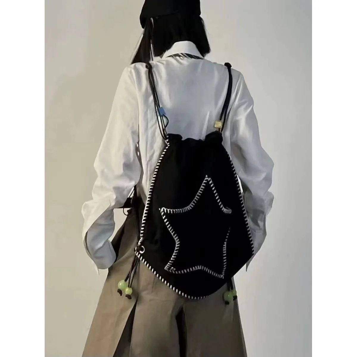 Y2K Women Casual Kawaii Book Backpack Star Black Shoulder Bags Leisure Crossbody Bag Kids Travel Girls Ladies Student Schoolbag