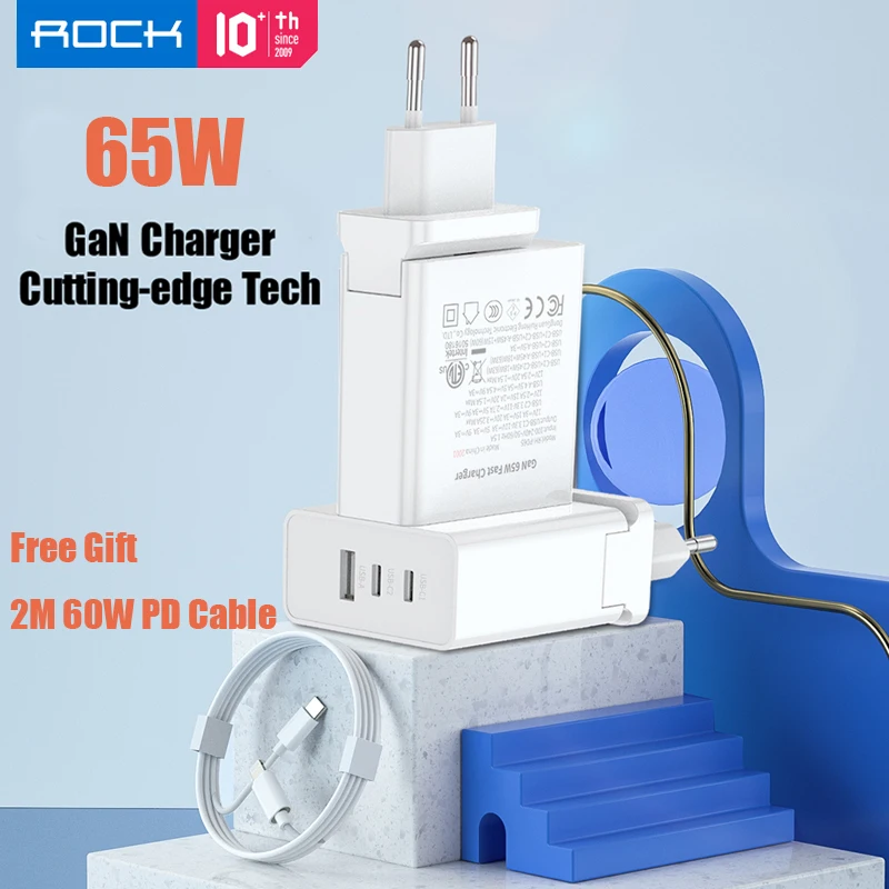 

ROCK GaN 65W Fast PD Charger for iPhone 11 Pro 3 Port USB Type C QC4.0 Charger EU AU UK Plug Wall Charger for MacBook xiaomi