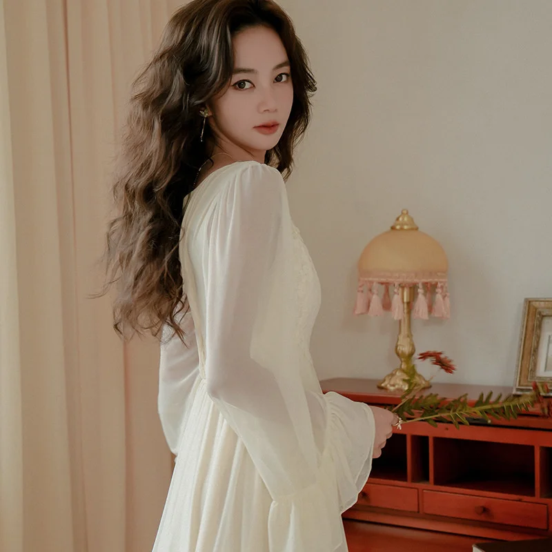 Spring Nightdress Women Mesh Apricot Pajamas Elegant French Style Long Sleepwear Nightwear For Women Sleepshirt Nightgown Pajama