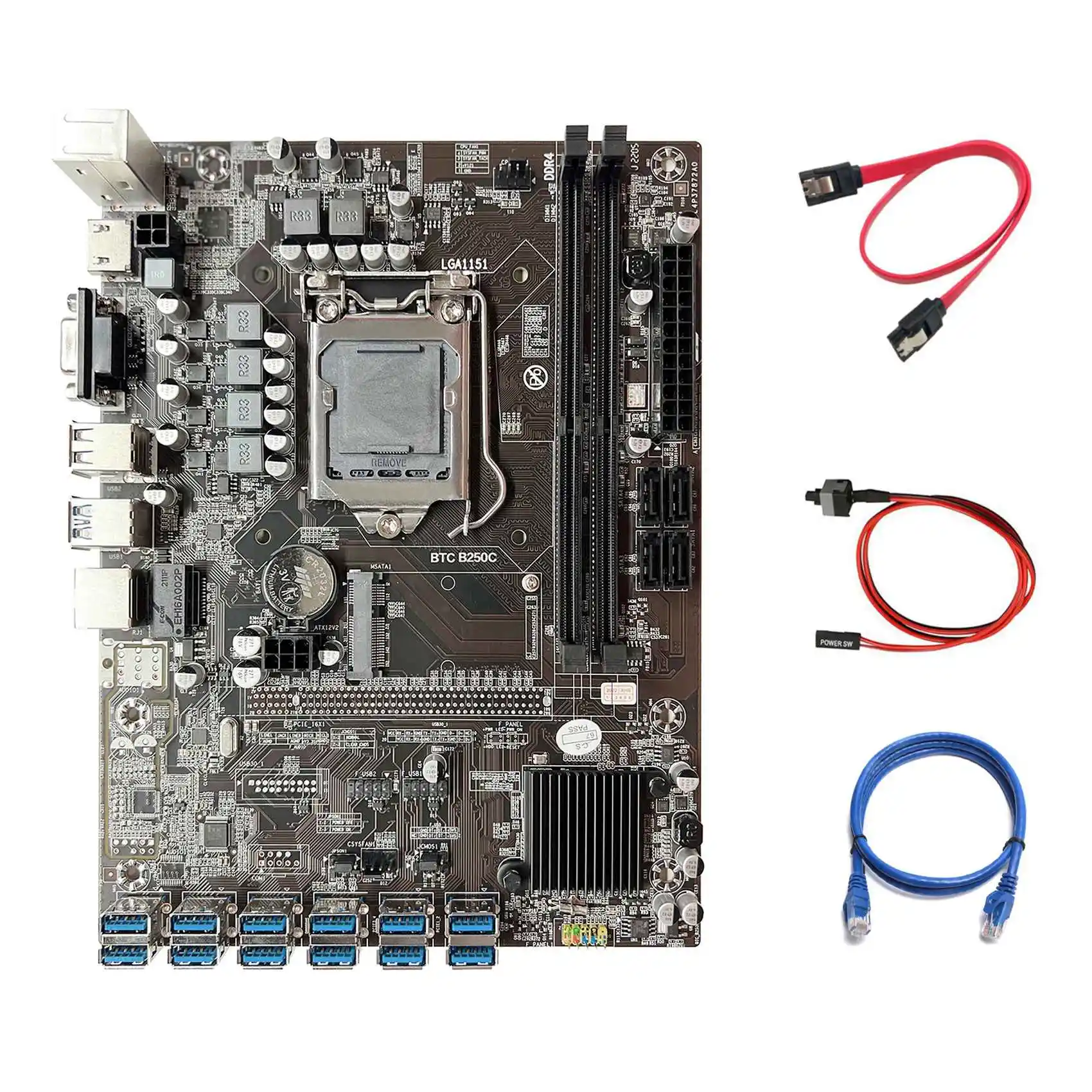 

B250C ETH Miner Motherboard+SATA Cable+Switch Cable+RJ45 Network Cable LGA1151 DDR4 12XPCIE to USB3.0 GPU Slot