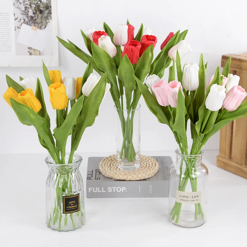 

5pcs Advanced Pu Simulation Tulip Flower Wedding Proposal Hand Held Flowers Household Products Party Decorative Ornaments