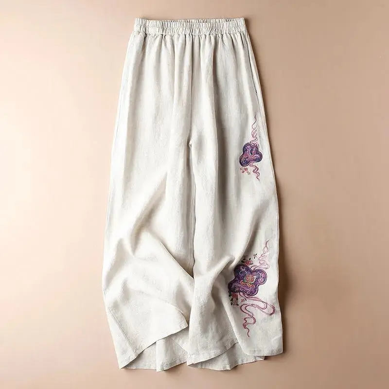 

Брюки женские повседневные из хлопка и льна, модные тонкие прямые широкие штаны в ретро стиле с вышивкой, E04