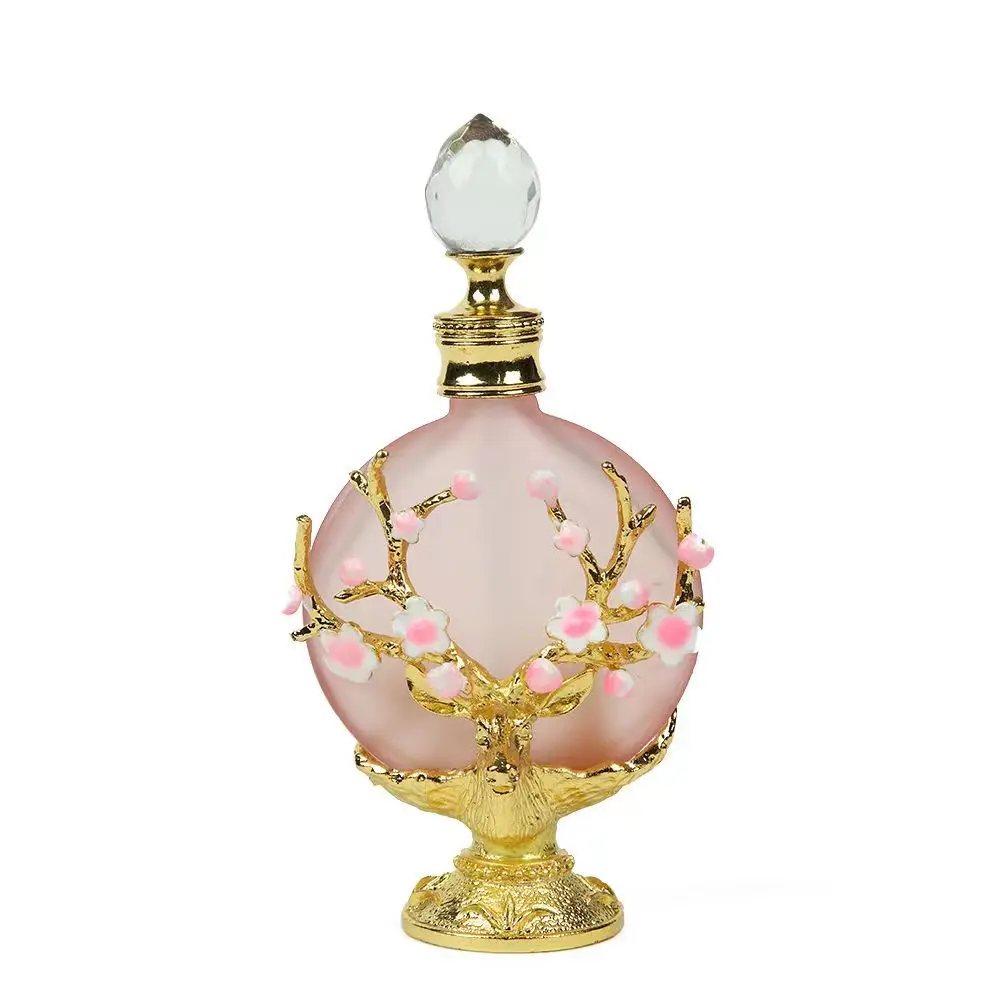 1pc Perfume Bottle 30ML Glass Exquisite Peach Flower Branch Pattern Clear Crystal Cap Old Fancy Vintage