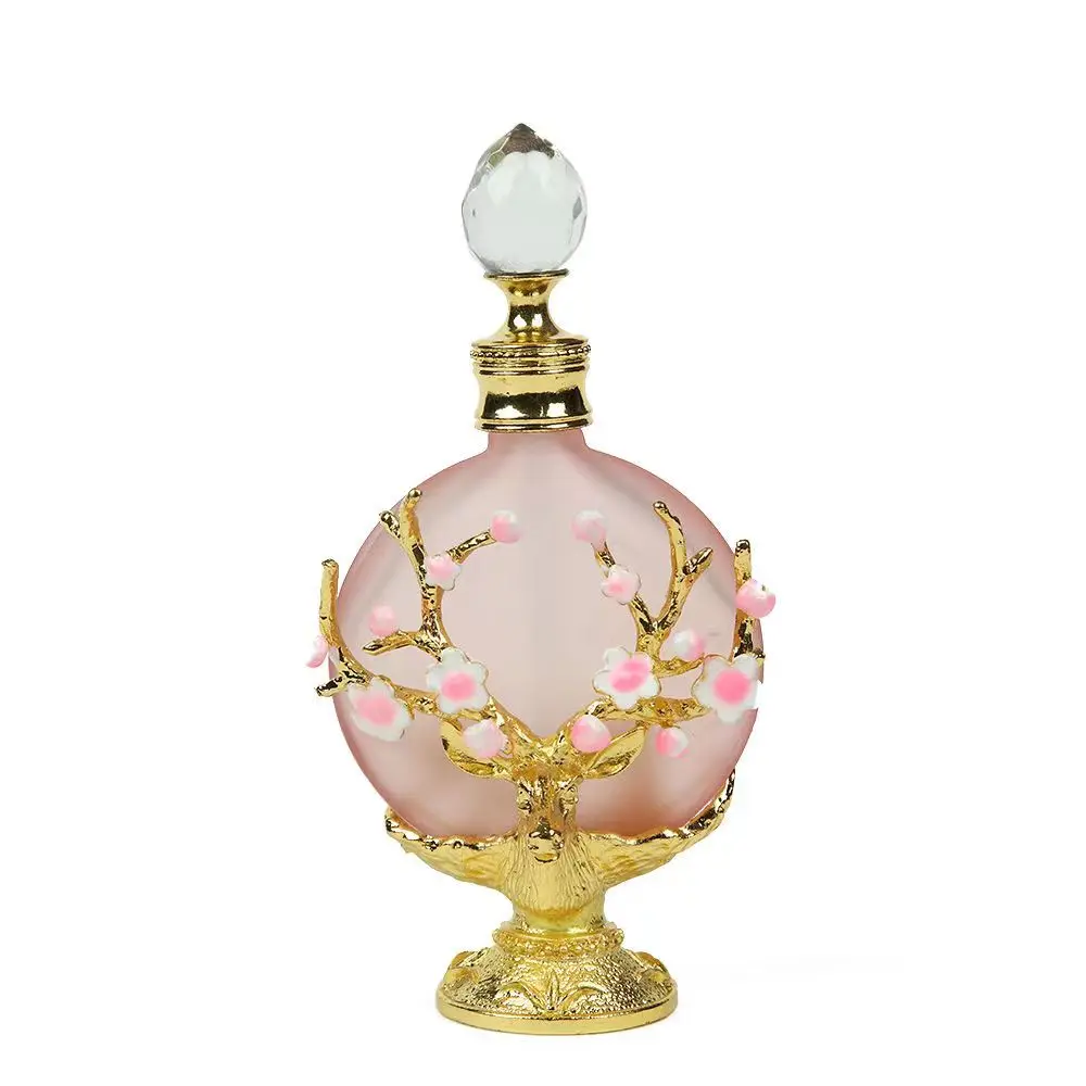 

1pc Perfume Bottle 30ML Glass Exquisite Peach Flower Branch Pattern Clear Crystal Cap Old Fancy Vintage