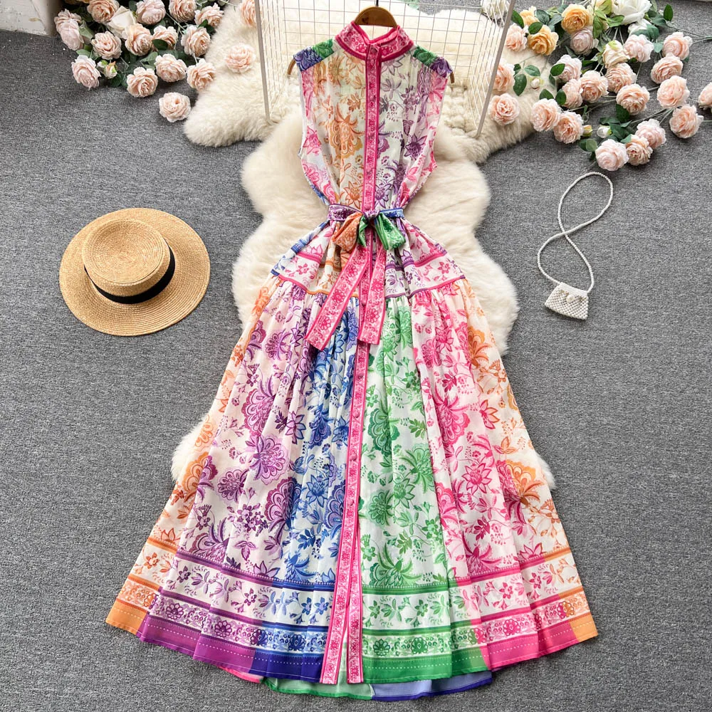 

New Summer Holiday Sweet Stand Collar Sleeveless Maxi Dress Women Rainbow Printed Single Breasted Vestidos De Verano Mujer J059