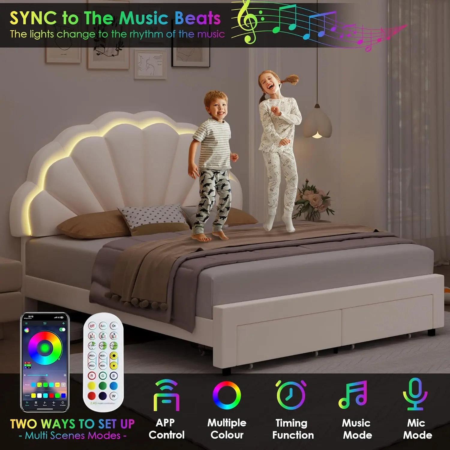Полноразмерный мягкий каркас кровати Smart LED с двумя ящиками для хранения вещей и