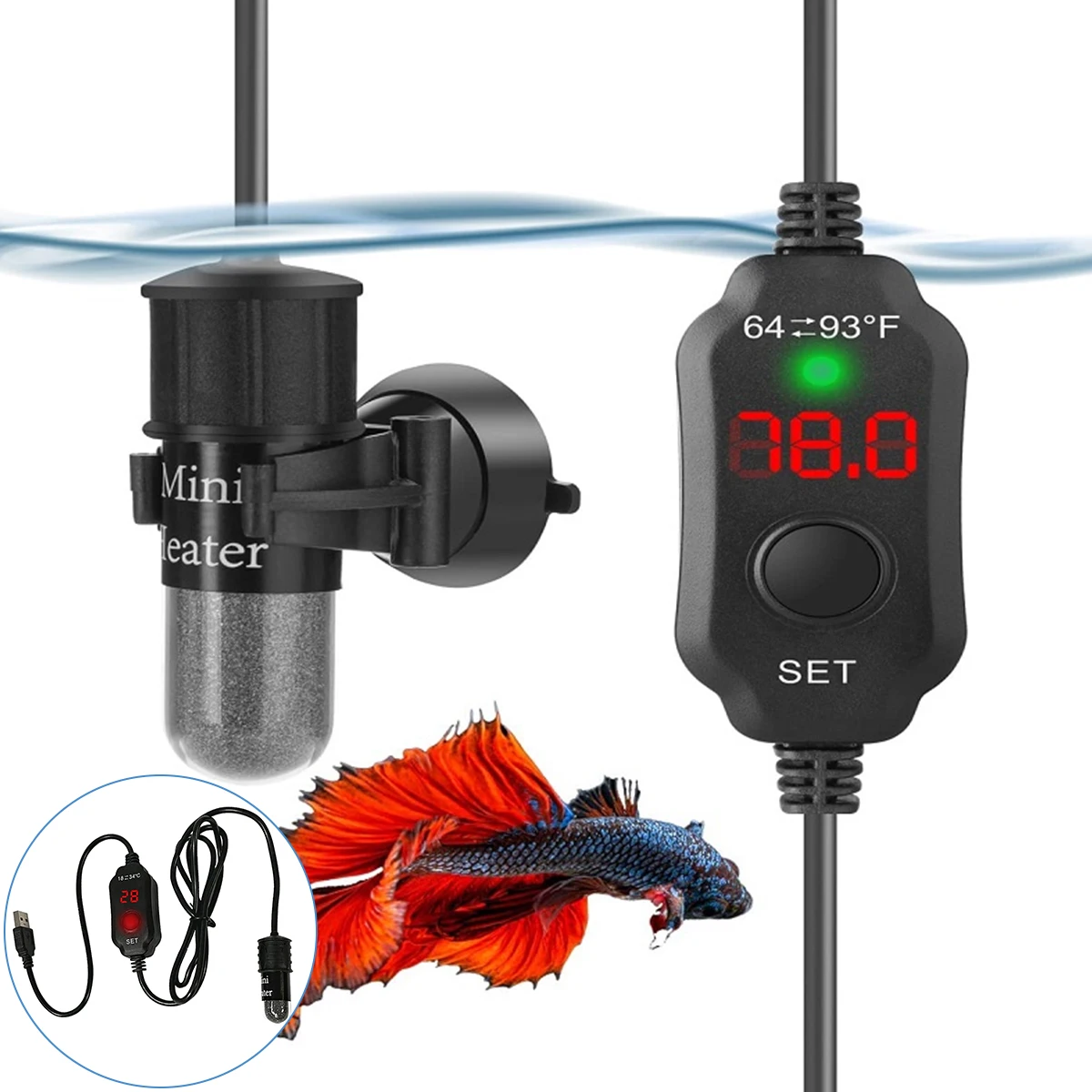 

10W Mini Aquarium Heater Mini Fish Tank Heater with Digital Display Thermostat Temperature Adjustable 5V/2A USB Powered Super