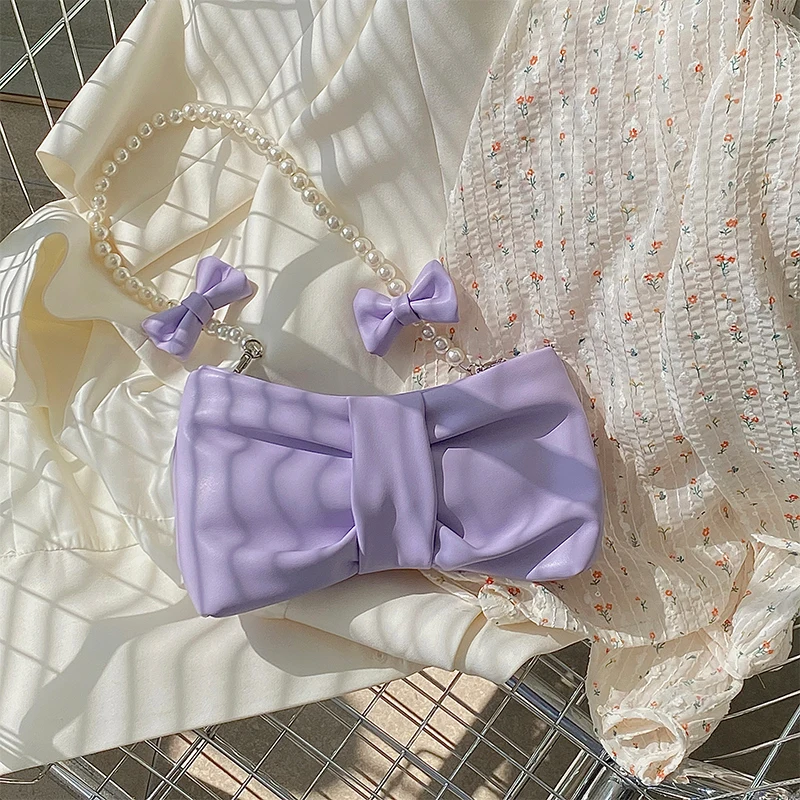 Girly Pearl Bow Cute Underarm Bag Fairy Women's Small Pink Shoulder Bag Soft PU Leather Female Pearlescent Clutch Purse Handbags