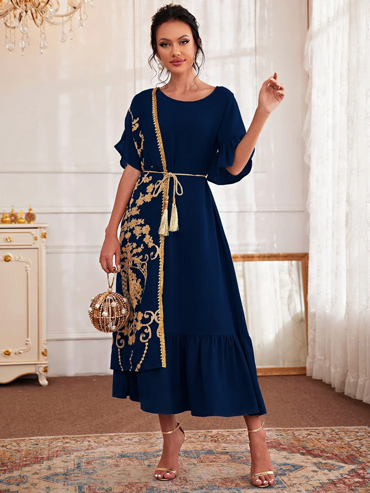 

TOLEEN Women Maxi Dress Chic And Elegant Lady Loose Outfits 2022 Summer Draped Blue Clothing With Tassel For Party Festival