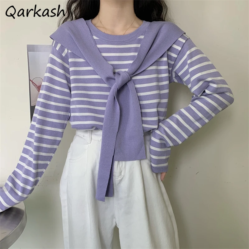 

Pullovers Women Spring Knit Ulzzang Tender Soft Popular Feminine Simple Basic Leisure Stylish Ins Fake Two Piece Student Lovely